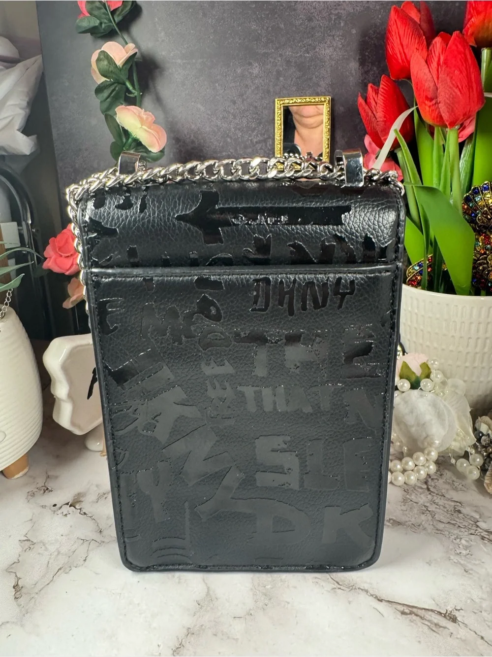 DKNY Black Logo Padlock Chain Crossbody Phone Bag
